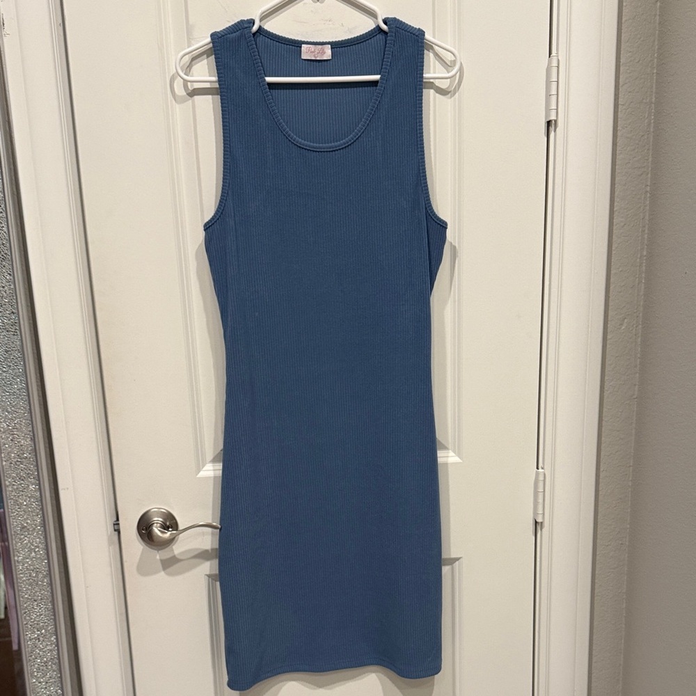 Pink Lily, Size L, Blue Ribbed Mini Dress, Bodycon, No Stretch.